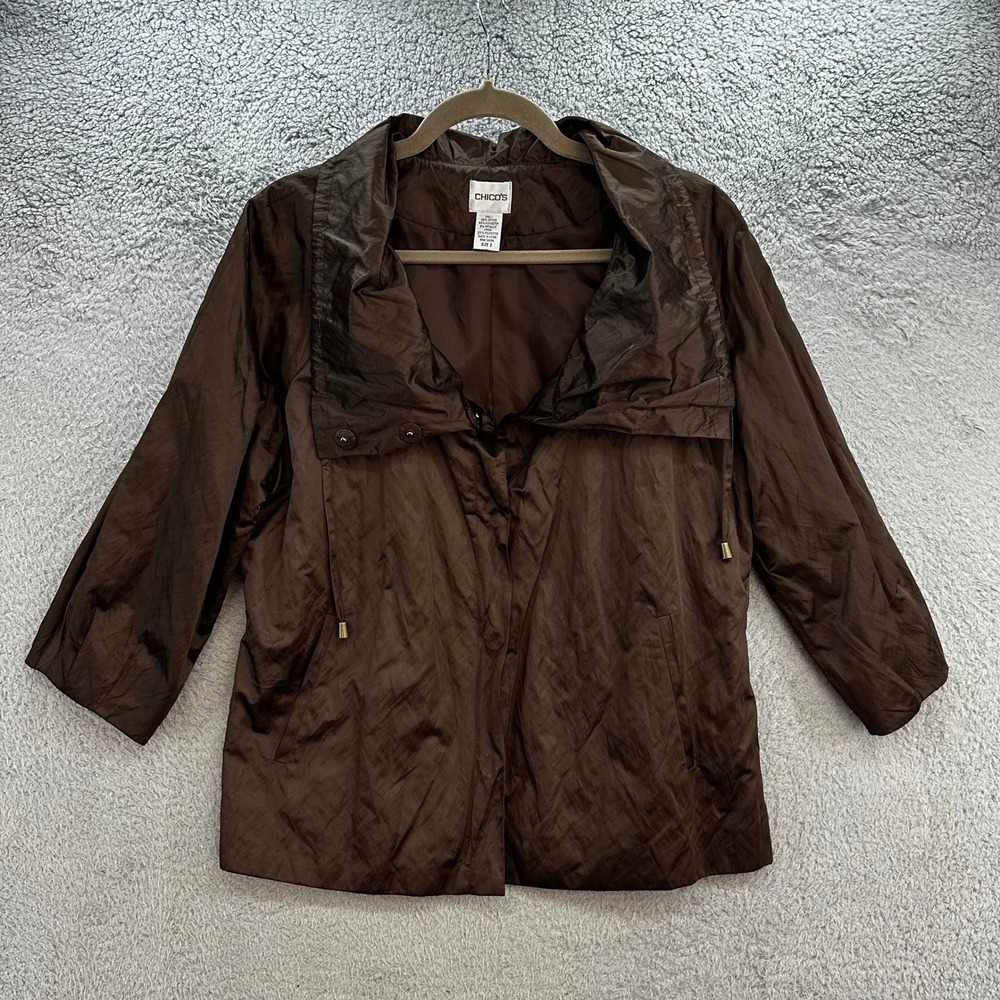 Chico's 2 (Large) Brown Metallic Portrait Collar Snap Front Jacket 3/4 Sleeves